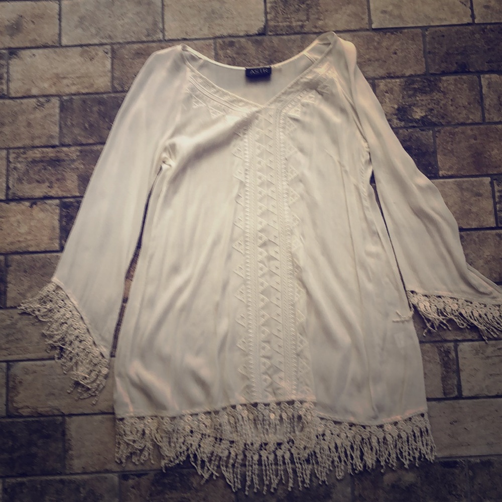 ASTR long sleeve fringe crochet white embroidered